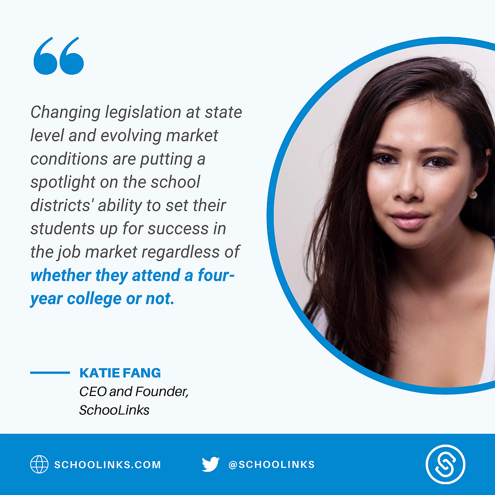 SchooLinks katie fang with a quote about Series A funding on blue background