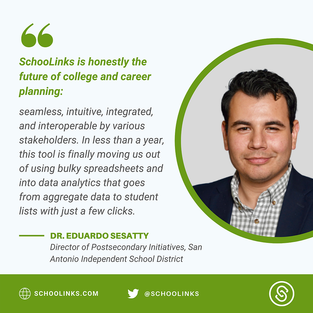 Dr. Seasetty SAISD headshot with quote about SchooLinks on green background